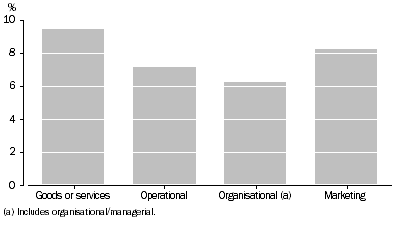 Graph: PROPORTION OF BUSINESSES WITH INNOVATION STILL IN DEVELOPMENT, by type, 2006–07