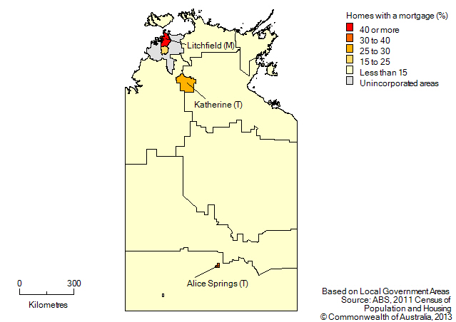 Map: Proportion of homes owned with a mortgage, by Local Governent Area, Northern Territory, 2011