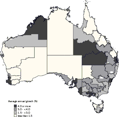 MAP - EXPERIMENTAL ESTIMATES: AVERAGE ANNUAL GROWTH IN TOTAL INCOME OF  SMALL BUSINESSES BY STATISTICAL DIVISION, 1995–96 to 2000–01