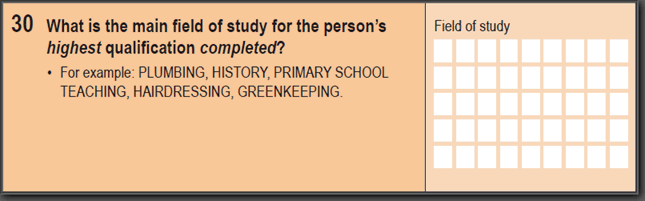 Image: 2016 Household Paper Form - Question 30. What is the main field of study for the person's highest qualification completed?