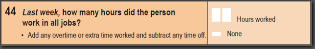 Image: 2016 Household Paper Form - Question 44. Last week, how many hours did the person work in all jobs?