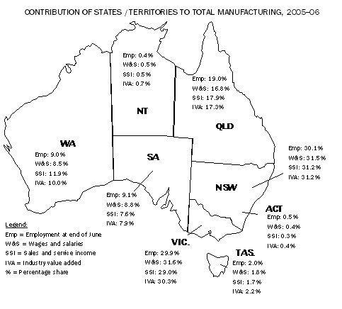 Map: Contribution of States/Territories to Total Manufacturing, 2005-06