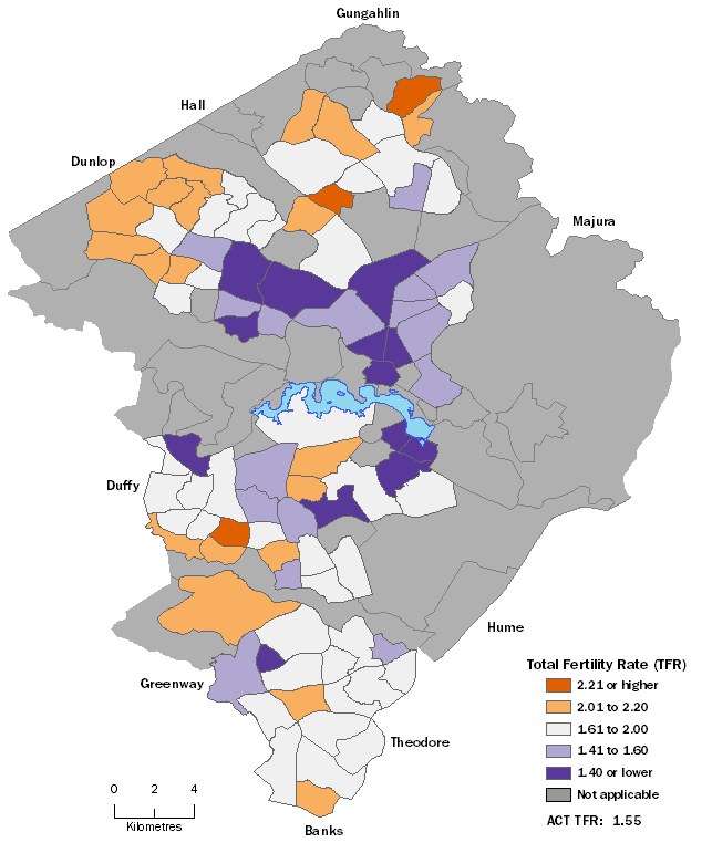 Canberra 2016 Total Fertility Rates by Statistical Area Level 2