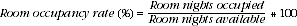 Equation: Room occupancy rate = room nights occupied divided by (guest rooms multiplied by number of days in the period) as a percentage