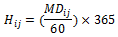 Equation - number of hours Hij = open bracket MDij divided by 60 close bracket multiplied by 365