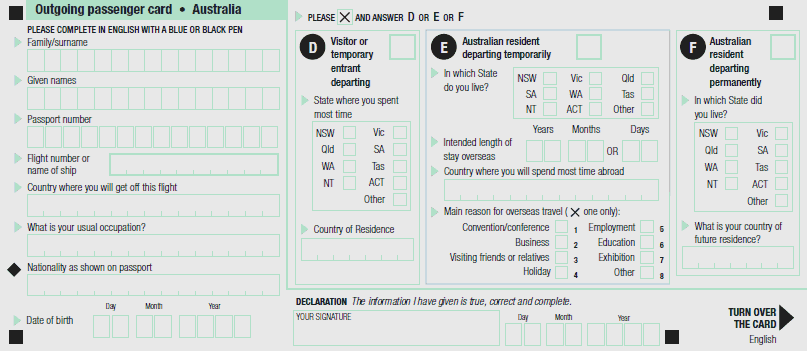 Image of outgoing passenger card