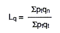 Equation: the Laspeyres volume index Lq is [the sum of the product of the quantity at time n and the price at time t] divided by [the sum of the product of the quantity at time t and the price at time t]  .