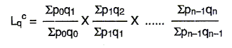 Equation: a chain Laspeyres volume index Lqc is [the sum of the product of the quantity at time 1 and the price at time 0] divided by [the sum of the product of the quantity at time 0 and the price at time 0] multiplied progressively to q = n.