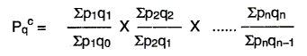 Equation: A chain Paasche volume index Pqc =   [the sum of the product of the quantity at time 1 and the price at time 1] divided by [the sum of the product of the quantity at time 0 and the price at time 1] multiplied progressively until time n.