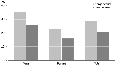 Graph: Use of Computers or the Internet by Persons 60 Years or Older, by Sex, 2003