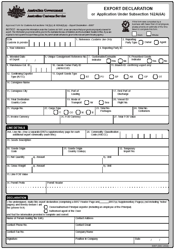 Image: Export Declaration Form B957