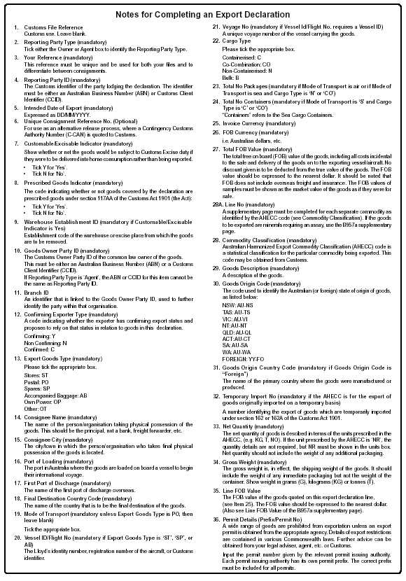 Image: Notes for Export Form B957