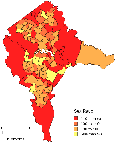 Diagram: MALES PER 100 FEMALES, Statistical Local Areas, Canberra SD—30 June 2010