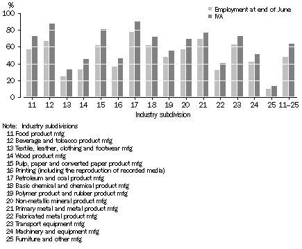 Graph: CONTRIBUTION TO MANUFACTURING INDUSTRIES BY BUSINESSES EMPLOYING 100 OR MORE PERSONS, 2006–07