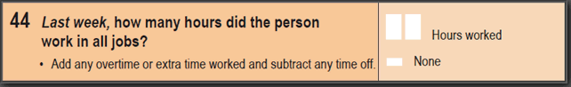 Image: 2016 Household Paper Form - Question 44. Last week, how many hours did the person work in all jobs?