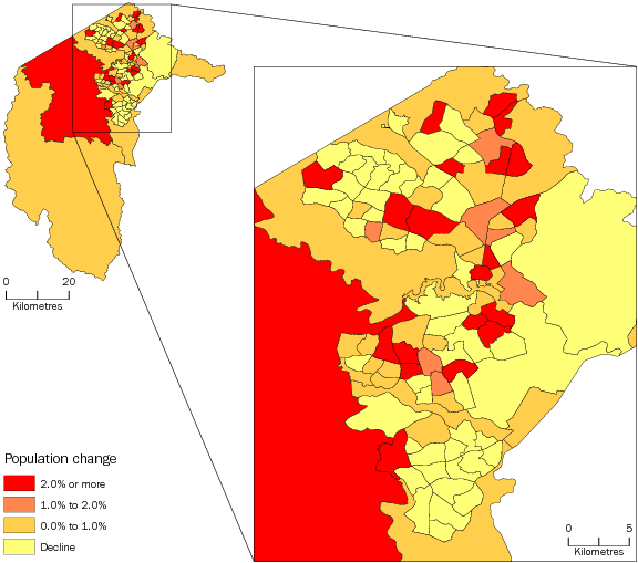 Diagram: POPULATION CHANGE BY SA2, Australian Capital Territory—2012–13