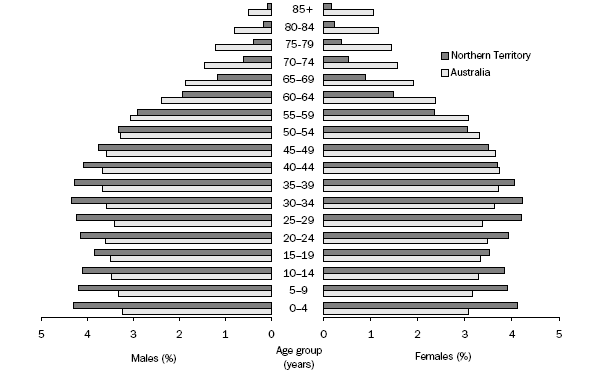 Graph: AGE AND SEX DISTRIBUTION, Northern Territory and Australia, 30 June 2006 