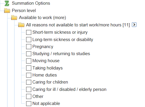 Screenshot of the data item 'All reasons not available to start work/more hours' in TableBuilder
