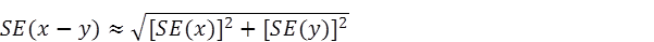 Equation: SE(x - y) = square root of ([SE(x)] squared + [SE(y)] squared)