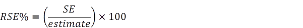 Equation: Relative Standard Error = the standard error divided by the estimate then multiplied by 100