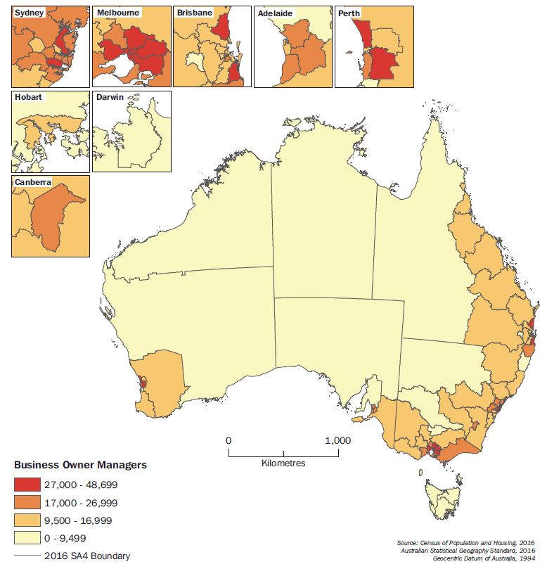 Map of Business owner managers by SA4 region of usual residence, 2016