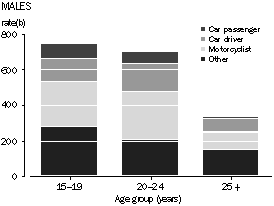 Stacked bar graph: hospital separations per 100,000 males, for different types of transport accidents, by age group