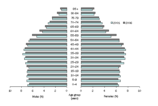 Graph: Age and Sex Distribution, NSW, 2001 and 2006