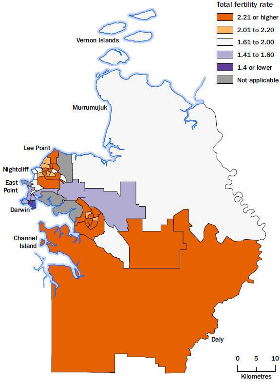 Map: Total fertility rates, Greater Darwin, by Statistical Area Level 2, 2014