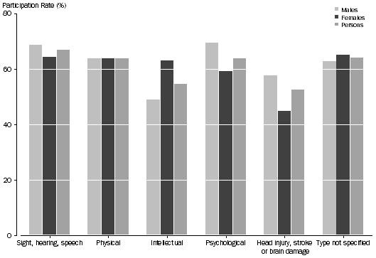 Graph: PARTICIPATION IN SPORT AND PHYSICAL RECREATION ACTIVITIES, By disability type by sex—2010