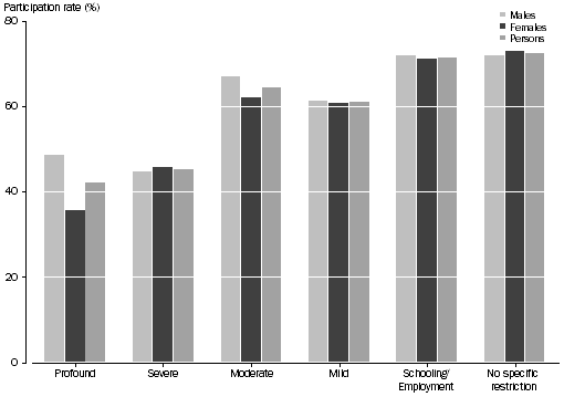 Graph: PARTICIPATION IN SPORT AND PHYSICAL RECREATION ACTIVITIES, By disability condition by sex—2010