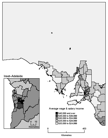 Map: Average Annual Wage and Salary Income, LGAs, South Australia, 2000-01