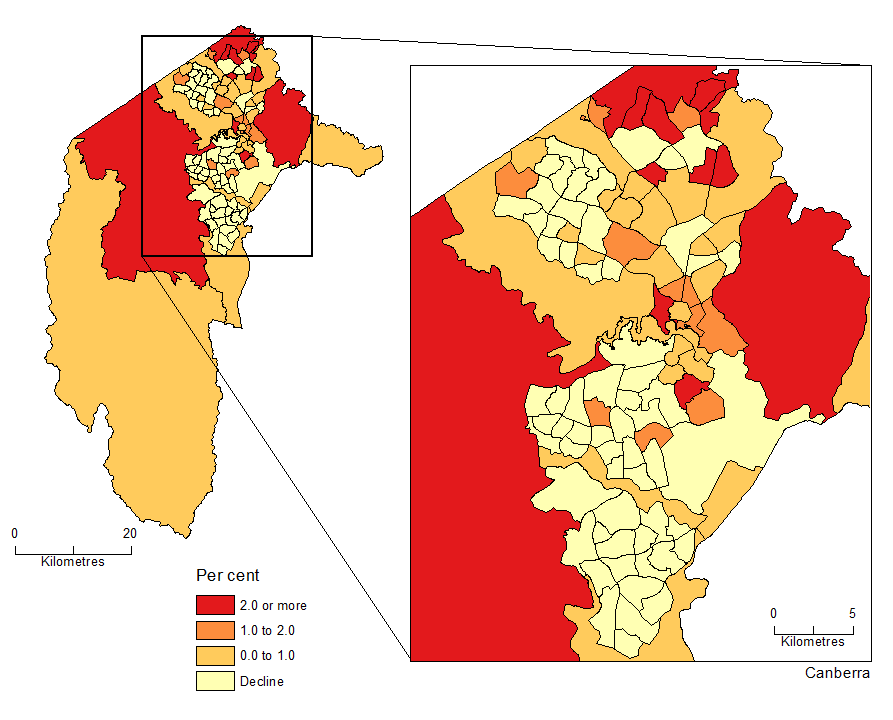 Diagram: POPULATION CHANGE BY SA2, Australian Capital Territory - 2014-15