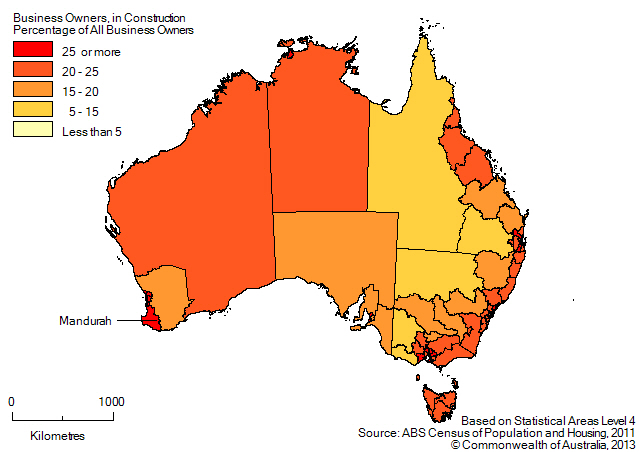 Map: PERCENTAGE OF BUSINESS OWNERS IN THE CONSTRUCTION INDUSTRY BY SA4(a) - 2011