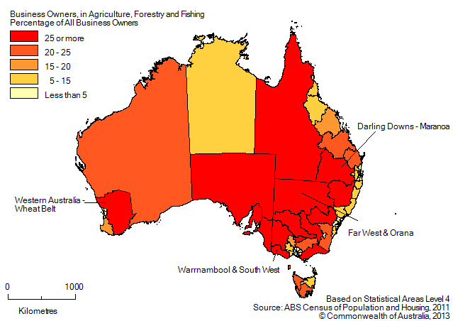 Map: PERCENTAGE OF BUSINESS OWNERS IN THE AGRICULTURE, FORESTRY AND FISHING INDUSTRY BY SA4(a) - 2011