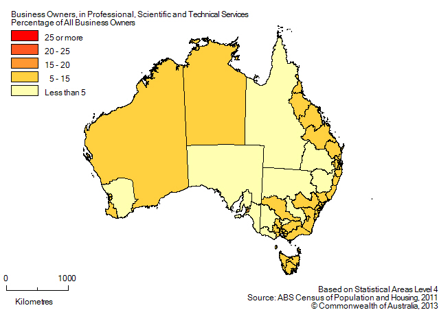 Map: PERCENTAGE OF BUSINESS OWNERS IN THE PROFESSIONAL, SCIENTIFIC AND TECHNICAL SERVICES INDUSTRY BY SA4(a) - 2011