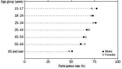 Graph: Participants, Sports and physical recreation—By age and sex