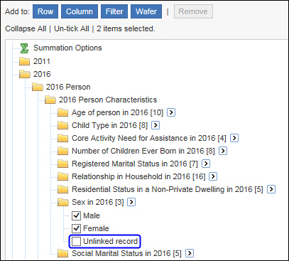 Image: Screen shot from TableBuilder showing an example of deselection of the "unlinked record" category.