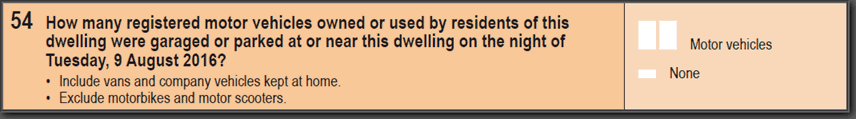 2016 Household Paper Form - Question 54. How many registered motor vehicles owned or used by residents of this dwelling were garaged or parked at or near this dwelling on the night of Tuesday, 9 August 2016?