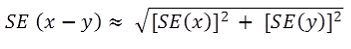 Equation: SE (x minus y) = square root of ([RSE (x)] squared + [RSE (y)] squared)