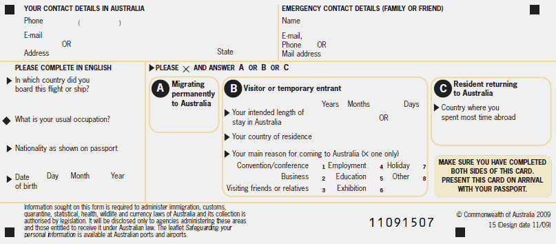 2009 Incoming passenger cards: Back