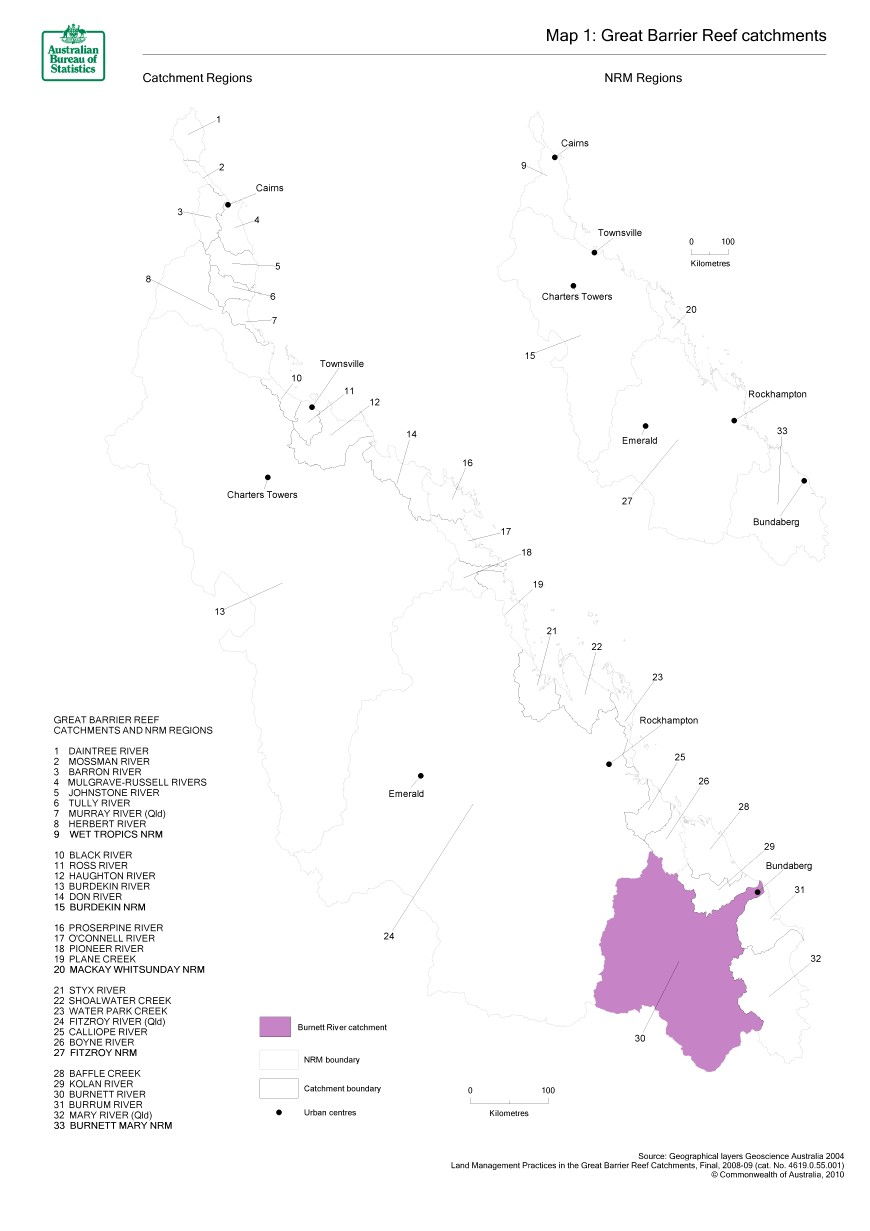 Map 1 Great Barrier Reef catchments with the Burnett catchment high-lighted