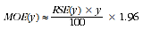 Equation: MOE (y) is approximately equal to ((RSE(y) multiplied by y)/100) multiplied by 1.96