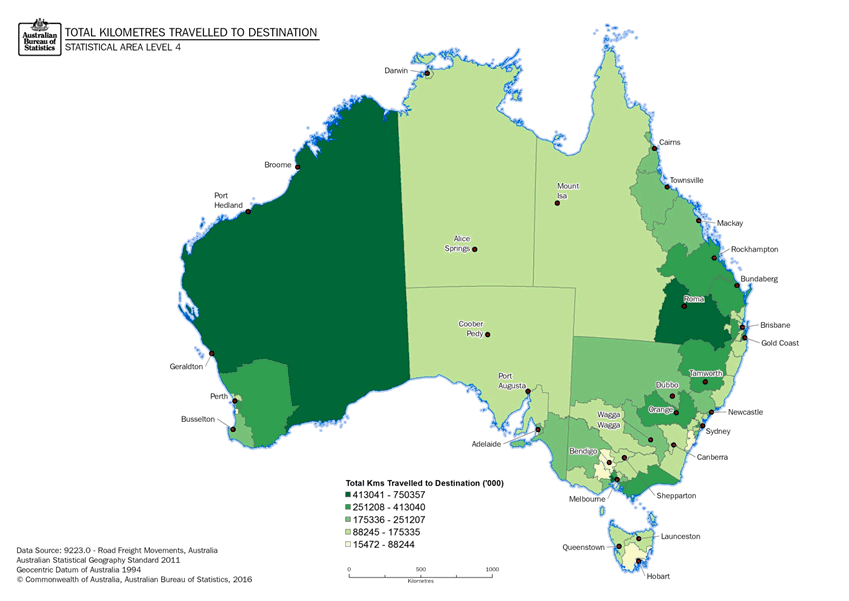 Image: Thematic Maps: Total Kilometres Travelled to Destination (Statistical Area Level 4)