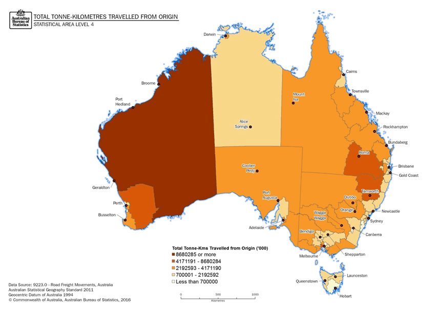 Image: Thematic Maps: Total Tonne-kilometres Travelled from Origin (Statistical Area Level 4)