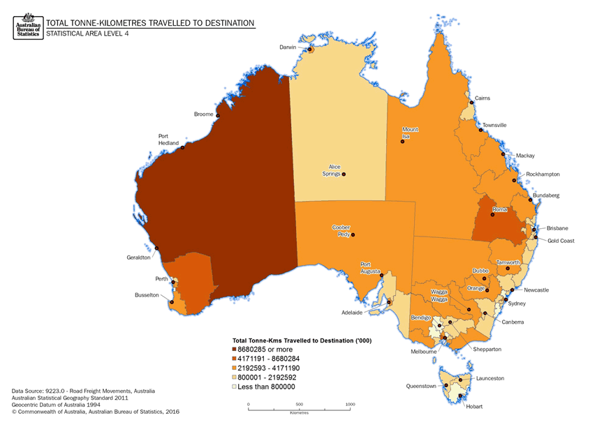 Image: Thematic Maps: Total Tonne-kilometres Travelled to Destination (Statistical Area Level 4)