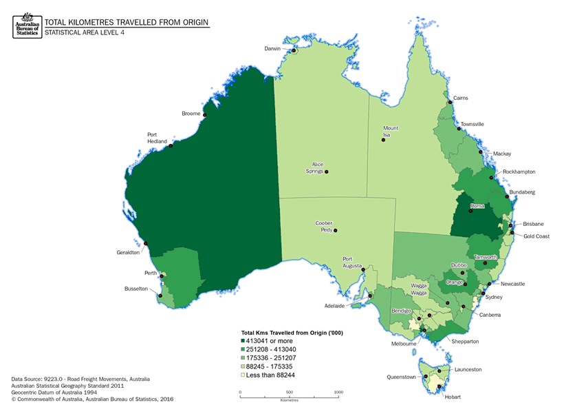 Image: Thematic Maps: Total Kilometres Travelled from Origin (Statistical Area Level 4)