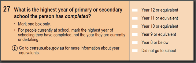 Image: 2016 Household Paper Form - Question 27. What is the highest year of primary or secondary school the person has completed?