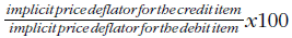 Equation: formula for calculating the Terms of Trade index.  The formula is the implicit price deflator for the credit item divided by the implicit price deflator for the debit item multiplied by 100