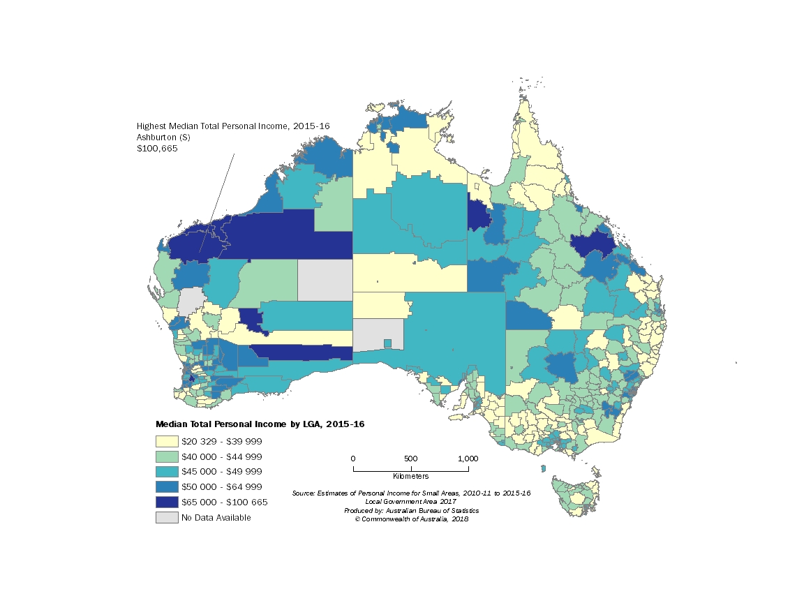 Map 1: Median total personal income by Local Government Areas for 2015-16