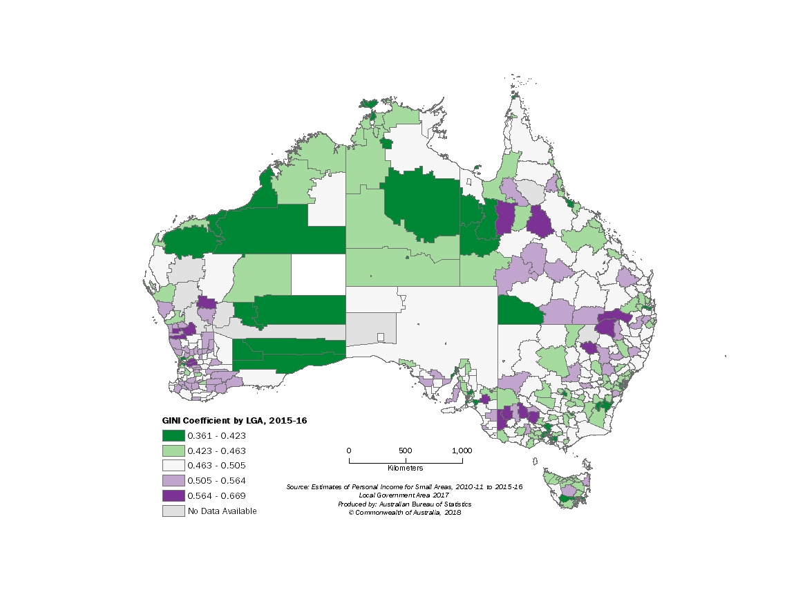 Map 3: Gini coefficient by Local Government Areas for 2015-16